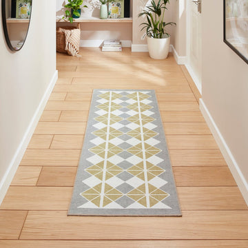 Washable Victoria H1184 Modern Vintage Diamond Grid Triangular Tessellation Lightweight Printed Polyester Flatweave Grey/Yellow Rug-Think Rugs-Rug Love - The Most Loved Rug Store